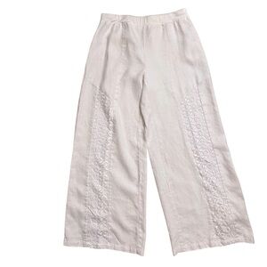 Black Label By Chicos 10 Medium White Linen Pants Wide Leg Boho Embroidered